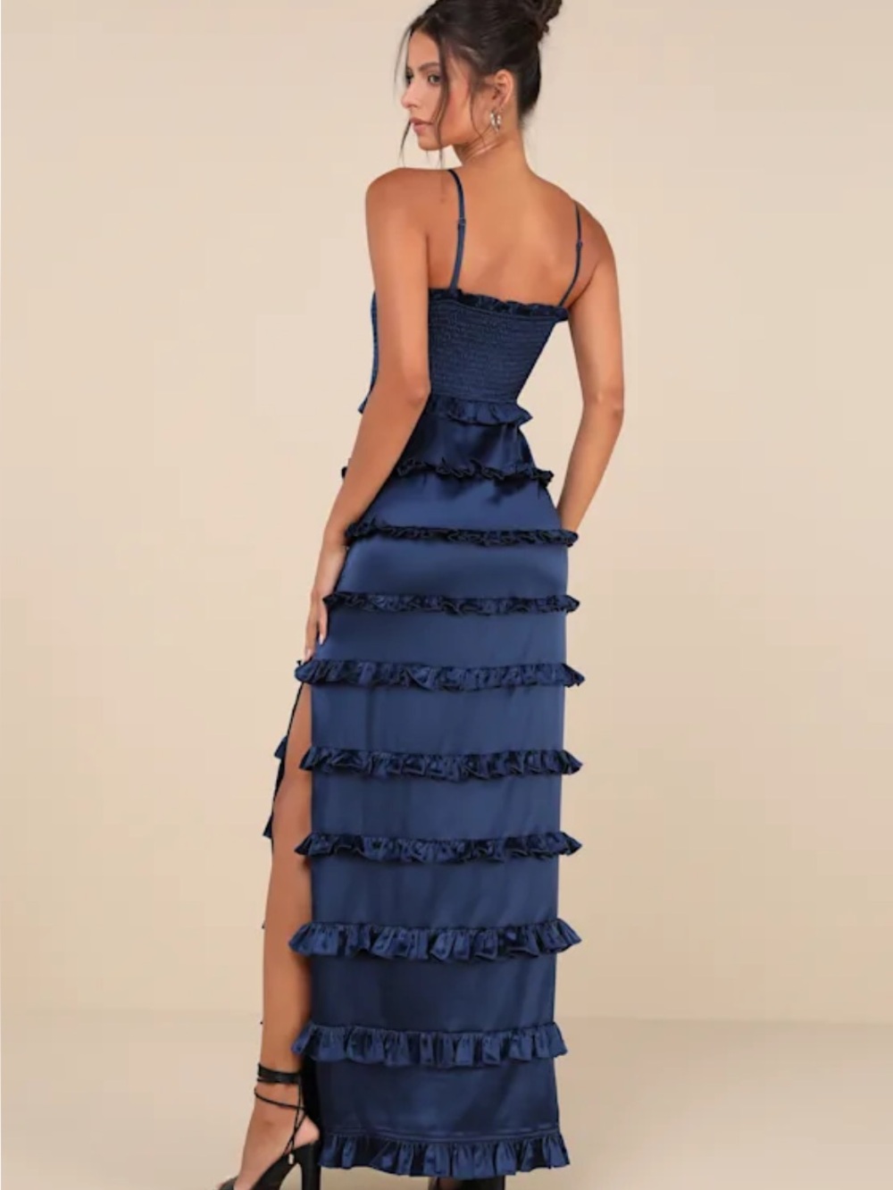 New Lulus Sincerely Fabulous Navy Ruffle-Tier Satin Maxi Dress - Women's Sz XL - Picture 4 of 8